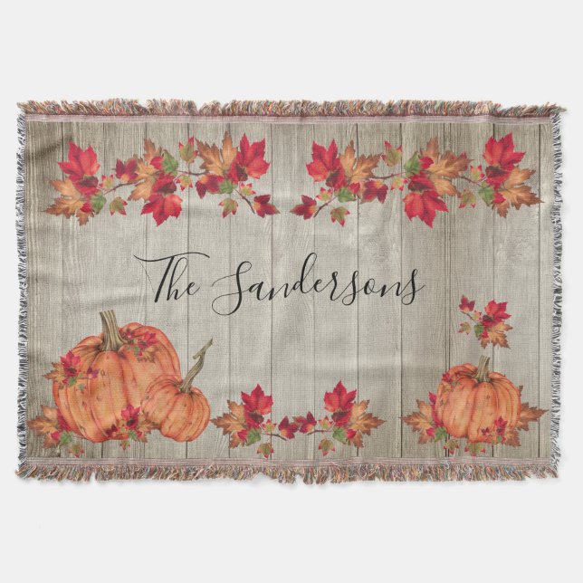 Cobertor Madeira Rústica Outono Laranja Pumpkins Caindo Fol (Frente)