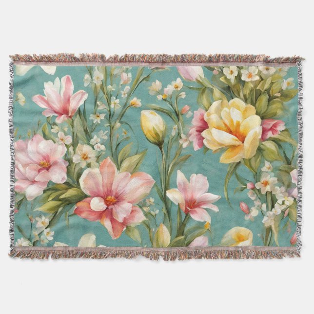 Cobertor Magnólia Amarela refinada com flores brancas (Frente)