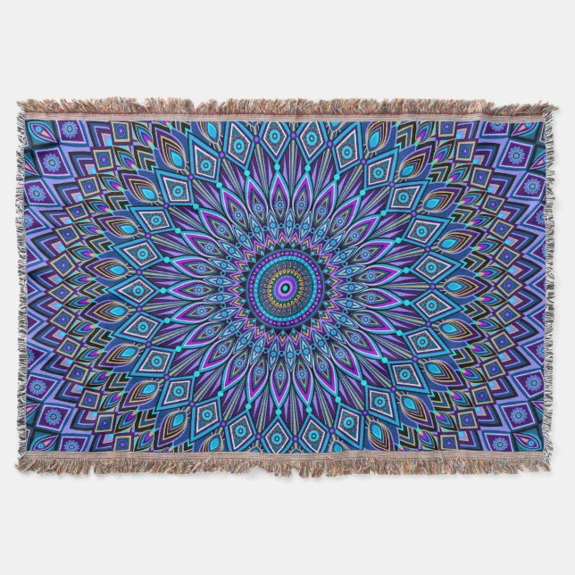 Cobertor Mandala Boho Blue Teal Purple Peacock Oriental (Frente)