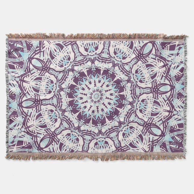 Cobertor Mandala Espiritual Caleidoscópio Azul Roxo Branco. (Frente)