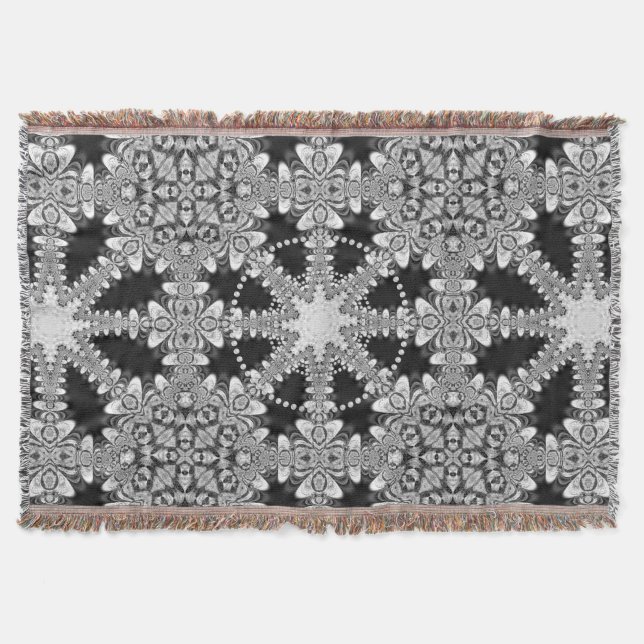 Cobertor Mandala Geométrico Arabesco Prata + Preto (Frente)