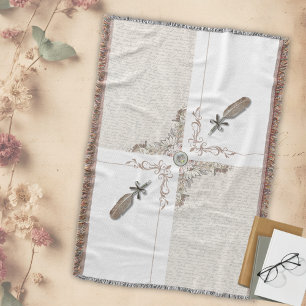 Cobertor Manuscrito Literário Floral Vintage com Franja Tec