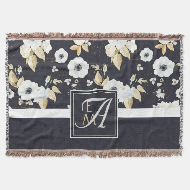 Cobertor Marinho Azul Azul, Decoração Floral Branca Anêmona (Frente)