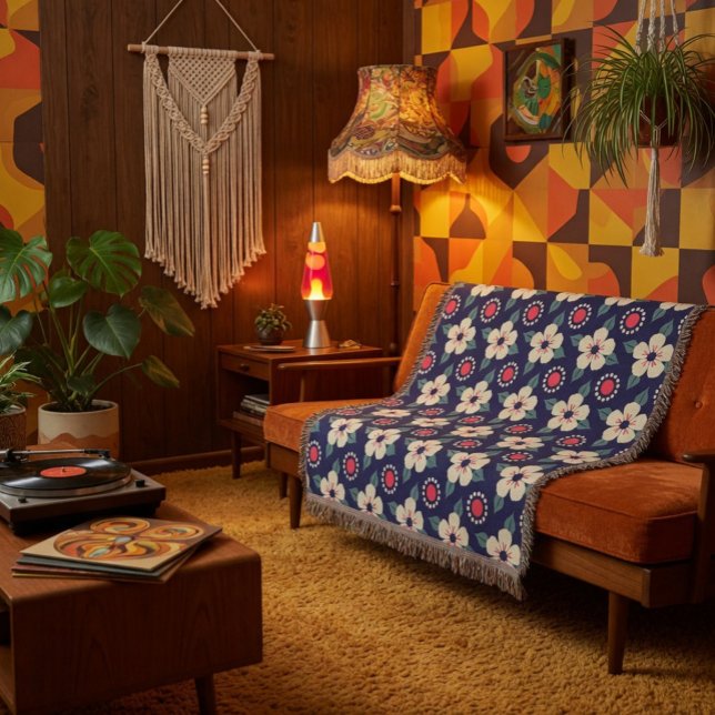 Cobertor Marinho Azul em Aberto com Flores de Creme (Criador carregado)