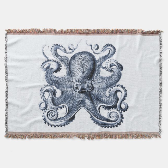 Cobertor Marinho Blue Octopus ilustrado por Ernst Haeckel (Frente)