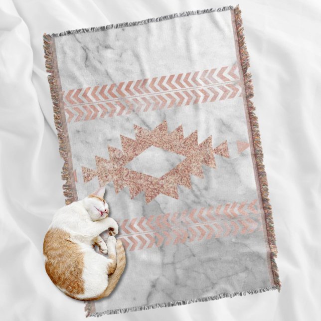 Cobertor mármore branco aztec, rosa, geométrico mínimo (minimalist geometric rose gold aztec white marble throw blanket)