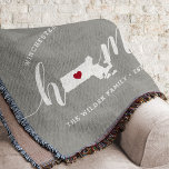 Cobertor Massachusetts Home State Personalized<br><div class="desc">Show some home state pride with this cute rustic gray throw blanket featuring "home" in white calligraphy script lettering with a silhouette map of the state of Massachusetts standing in for the letter "O." A red heart illustration inside the state map completes the design; you can change the position of...</div>
