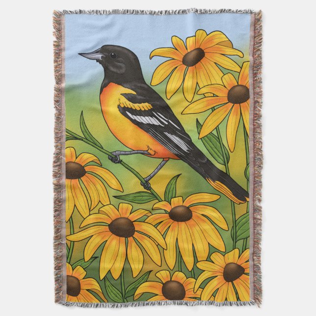 Cobertor MD State Bird Oriole e Susan Flower de olhos negro (Frente Vertical)