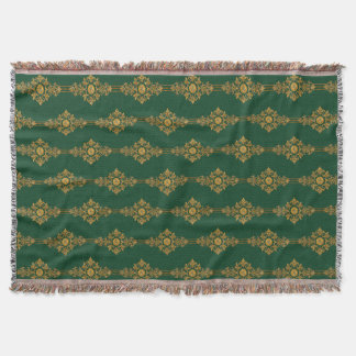Cobertor Medalhão Dourado Clássico em Verde Floresta Franja