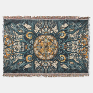 Cobertor Medalhão Teal e Âmbar com Florais Ornamentais