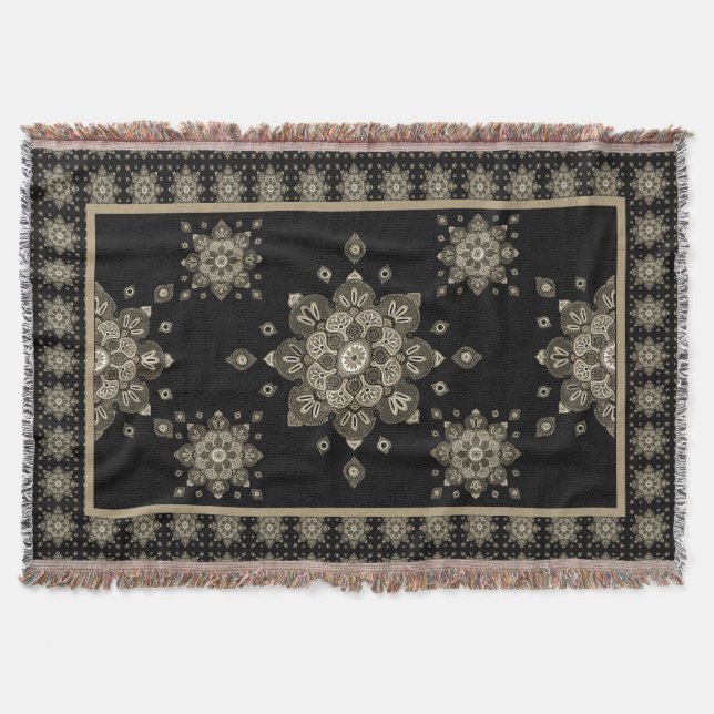 Cobertor Medalhões de Sepia em Aberto em Preto (Frente)