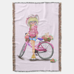 Cobertor Menina Loura-Gira com Bicicleta Rosa e Gato nas Fl