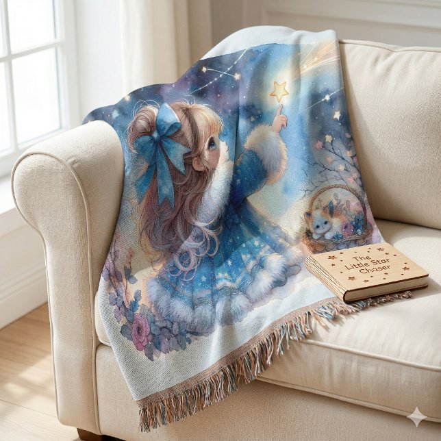 Cobertor Menina Sonhadora Observadora de Estrelas Aquarela (Whimsical Star Gazer Girl Watercolor Throw Blanket)