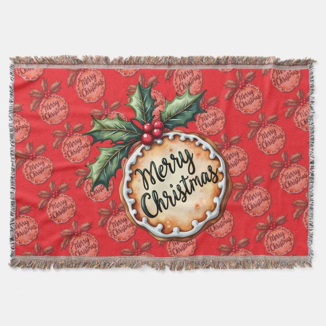 Cobertor Merry Christmas Cookie with Holly Berries Red (Frente)