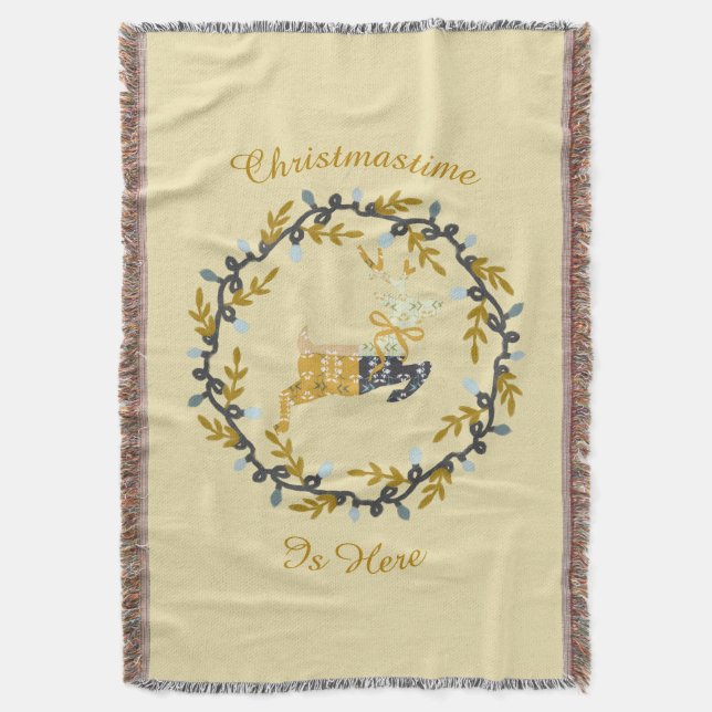 Cobertor Merry Christmas Deer & Wreath Yellow (Frente Vertical)