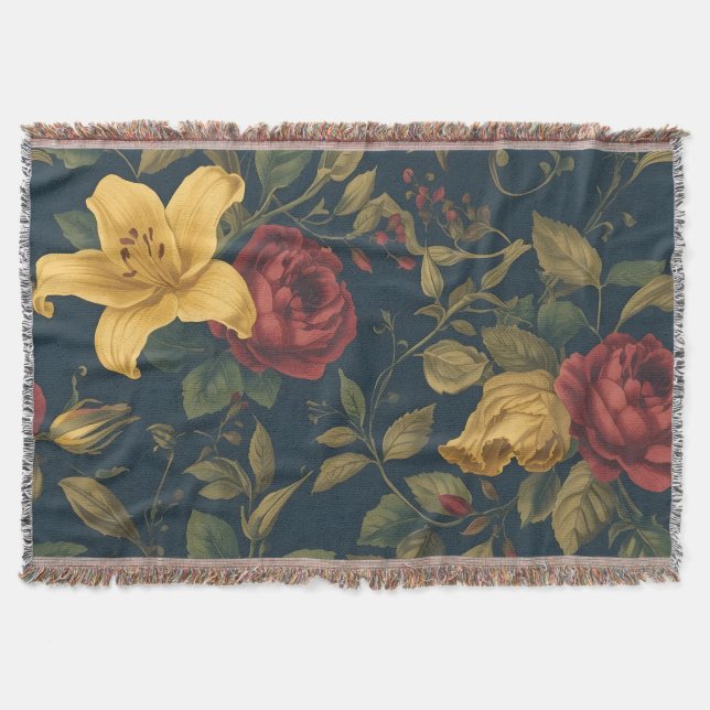 Cobertor Midnight Victorian Floral – Yellow Lilies & Roses  (Frente)