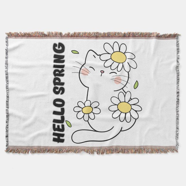 Cobertor Minimalist Aesthetic Hello Spring Cat & Daisy  (Frente)