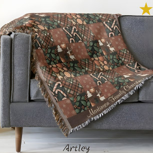 Cobertor Modelo de Nome de Patchwork Marrom de Natal Vintag
