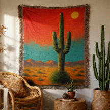 Modern Saguaro Cactus Desert Landscape Red Orange 