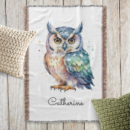 Cobertor Modern Watercolor Horned Owl Personalized