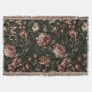 Cobertor Monograma Barroco Escuro Púrpura Padrão Floral