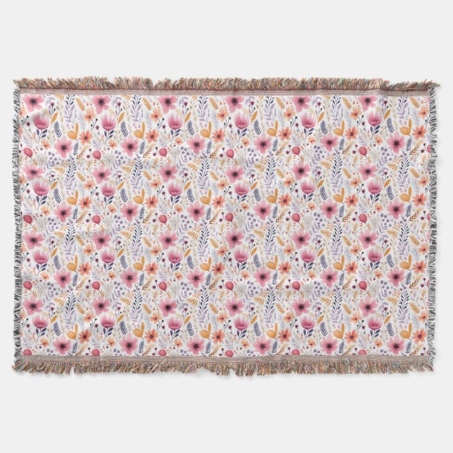 Cobertor Monograma Boho Wildflower Rosa Laranja Roxo Floral (Frente)