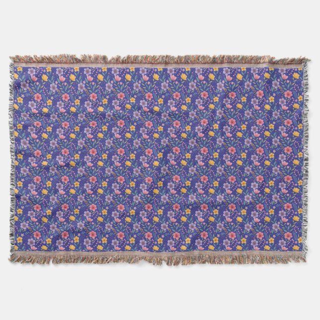 Cobertor Monograma de padrão de flor silvestre simples azul (Frente)