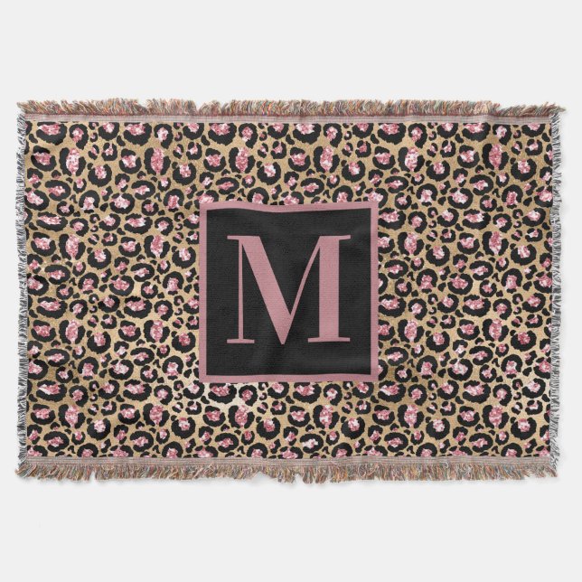 Cobertor Monograma Dourado Cor-de-rosa/Leopardo, inicial (Frente)