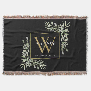 Cobertor Monograma Dourado Elegante Vegetação Preta