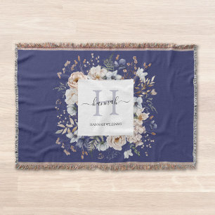 Cobertor Monograma Elegante Flores Florais Bege Azul Bonito