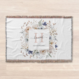 Cobertor Monograma Elegante Flores Florais Beige Azul Bonit