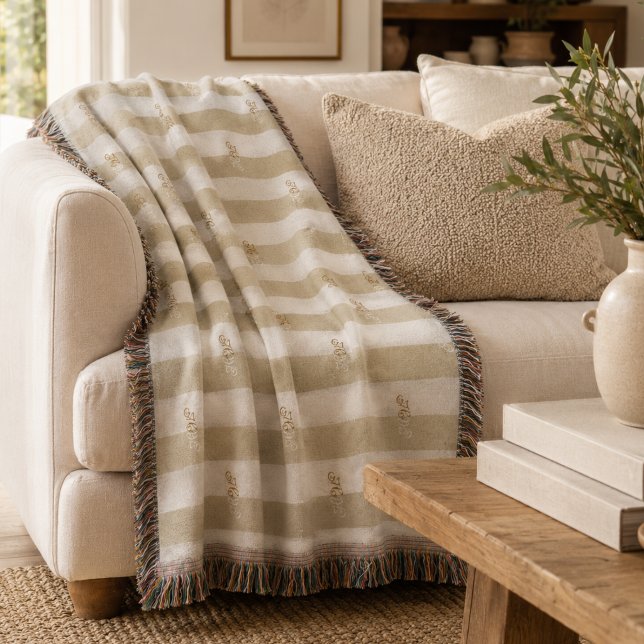 Cobertor Monograma Listrada Verde Salgueiro Minimalista (Minimalist Sage Green Striped Monogram Throw Blanket)