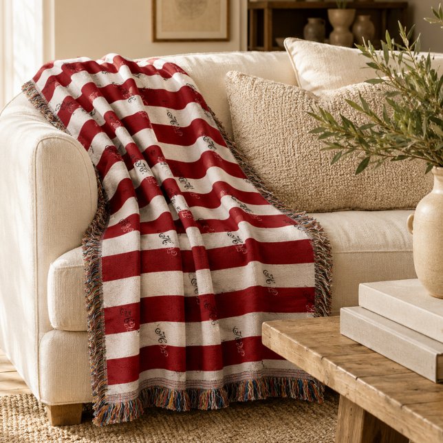 Cobertor Monograma Listrado de Bordô Minimalista (Minimalist Burgundy Striped Monogram Throw Blanket)