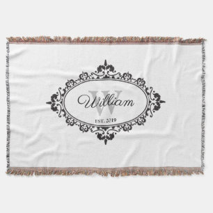 Cobertor Monograma minimalista de Damasco preto e branco