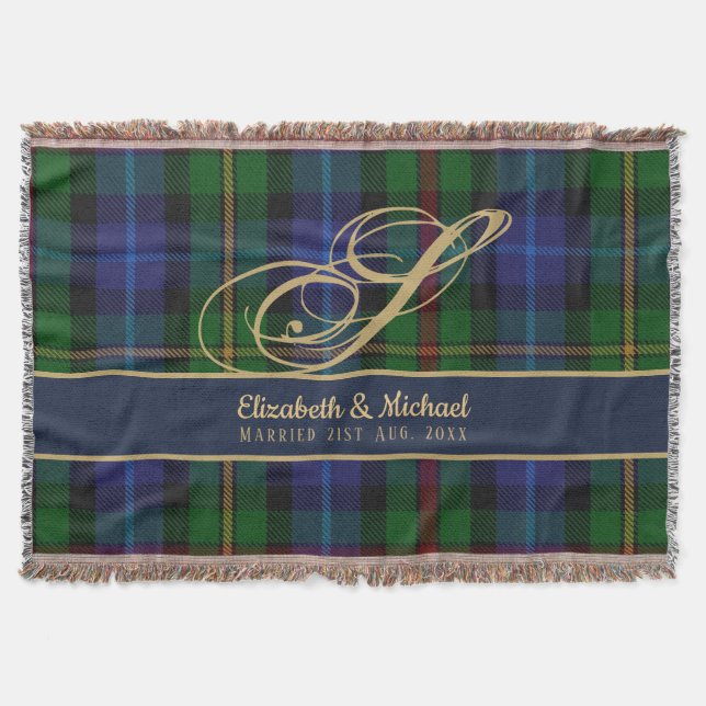 Cobertor Monograma Smith Tartan Blue Green Newlyweds (Frente)