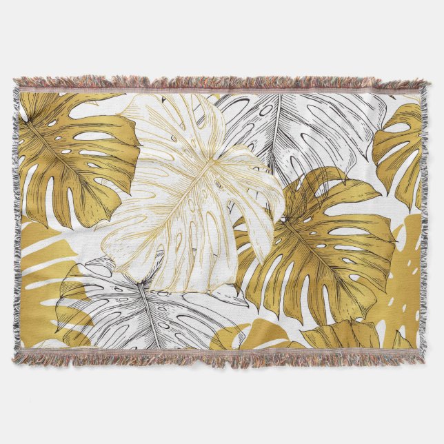 Cobertor Monstera Leaves: Ouro Branco (Frente)