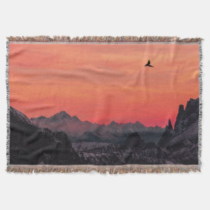 Cobertor Montanhas Laranja Pôr do Sol Pássaro no Céu