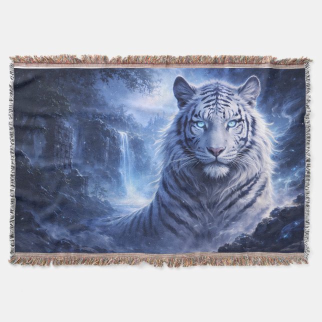 Cobertor Moonlit White Tiger Guardian – Blue Fantasy Spirit (Frente)
