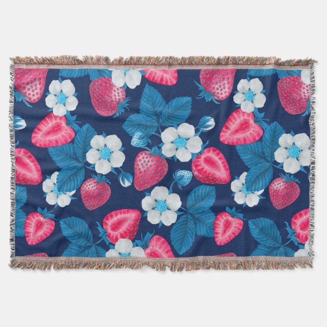 Cobertor Morangos cor-de-rosa em azul (Frente)