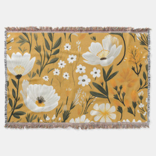 Cobertor Mostarda Amarela e Floral Botânico Branco
