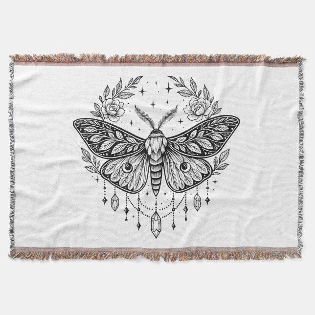 Cobertor Mystical Gothic Moth Botanical Celestial Line Art (Frente)