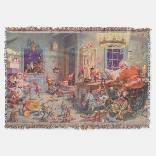 Cobertor Natal Antigo, Papai Noel com Oficina dos Elfos (Frente)