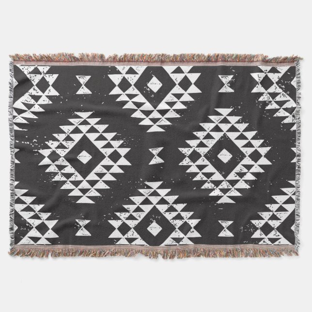 Cobertor Navajo Geométrico: Tribal Branco Negro. (Frente)