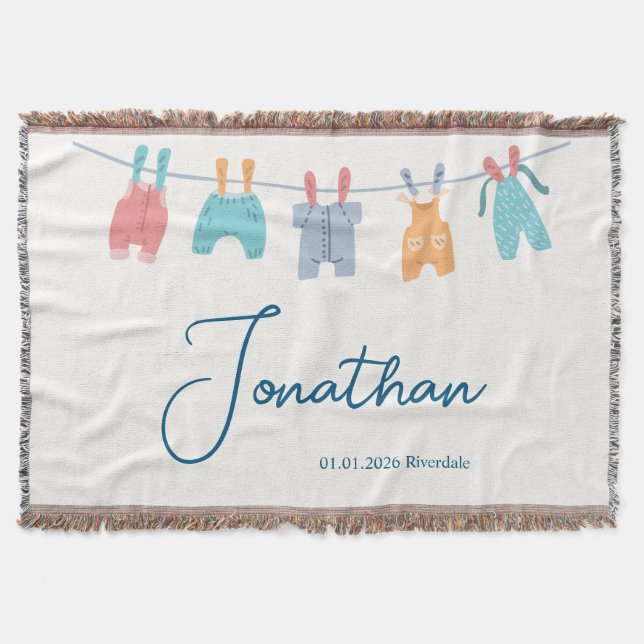 Cobertor New Baby, Name, Date, Minimal Cute Clothline (Frente)