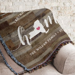 Cobertor New York Home State Personalized Wood Look<br><div class="desc">Show some home state pride with this cute rustic faux wood plank throw blanket featuring "home" in white calligraphy script lettering with a silhouette map of the state of New York standing in for the letter "O." A pink heart illustration inside the state map completes the design; you can change...</div>