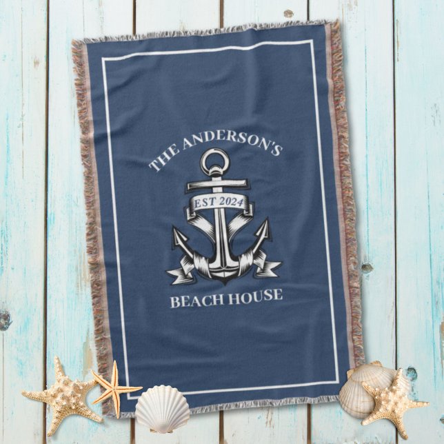 Cobertor Nome da Família Náutica Beach House Est Ship Ancho (Nautical Beach House Family Name Est Ship Anchor Throw Blanket)