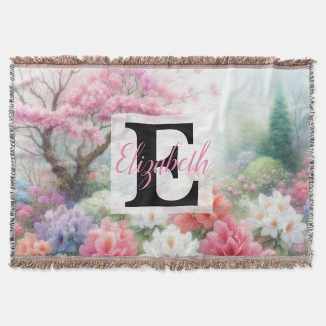 Cobertor Nome do monograma na aquarela Flores nos pastéis (Frente)