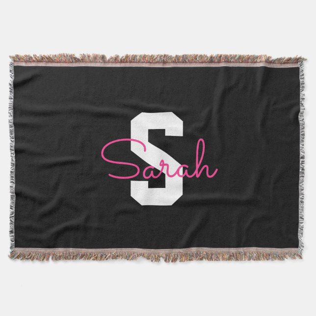 Cobertor Nome Fofo & Monograma | Preto Branco & Rosa (Frente)
