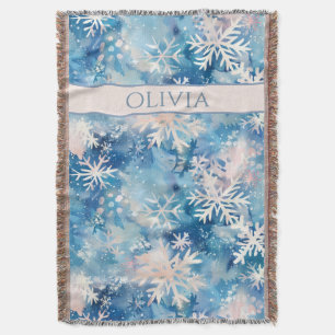 Cobertor Nome Personalizado, Flocos de Neve em Aquarela Azu