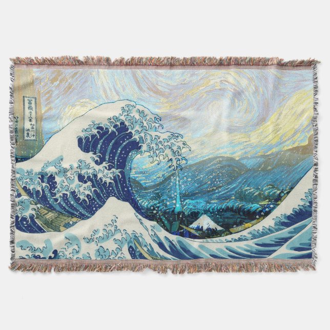 COBERTOR ONDA DE KANAGAWA EM FUNDO DE NOITE ESTRELADA (Frente)